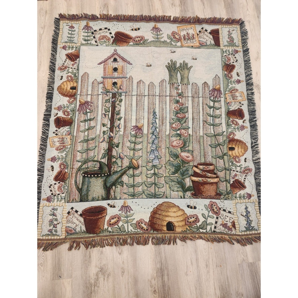 Mohawk Brand Tapestry Throw Birdhouse And Beehive Pattern Country Cottagecore